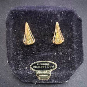 Vintage Genuine Diamond Dust Gold Tone Black Enamel Triangular Clip On Earrings